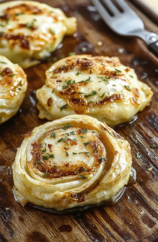 Vivid roasted cabbage steaks on a white ceramic plate, golden-brown edges with char marks, topped with minced garlic and fresh herbs, surrounded by a rustic wooden table with a natural setting, vibrant colors, crispy textures