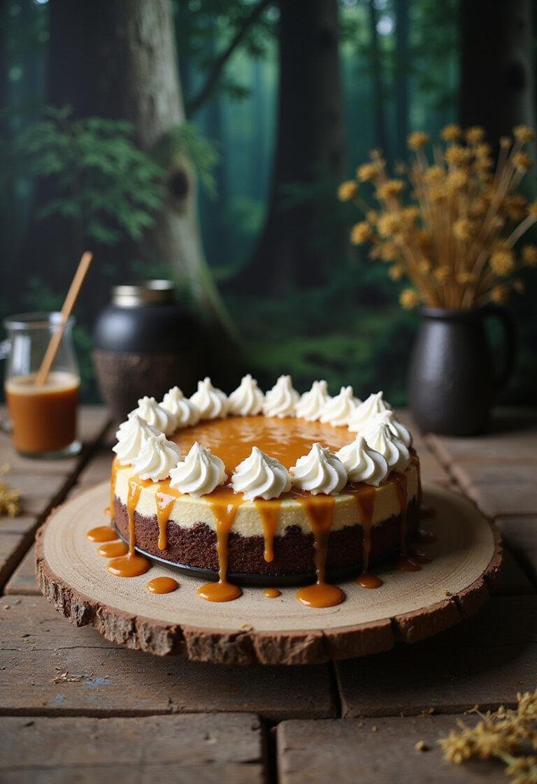 The final display of Harry Potter Chocolate Bottom Butterbeer Cheesecake of the Forbidden Forest, beautifully decorated and ready to serve.
