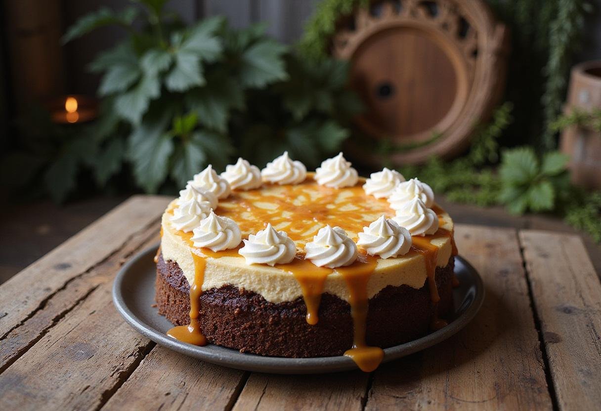 The final display of Harry Potter Chocolate Bottom Butterbeer Cheesecake of the Forbidden Forest, beautifully decorated and ready to serve.
