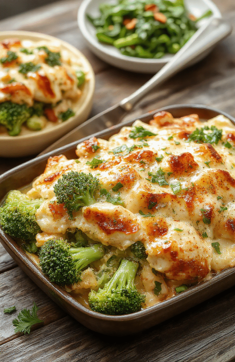 A vibrant serving of broccoli chicken casserole on a white plate, topped with melted cheese and fresh green broccoli florets, styled with a rustic wooden surface, captured in natural daylight with soft shadows, showcasing the creamy texture and colorful ingredients.
