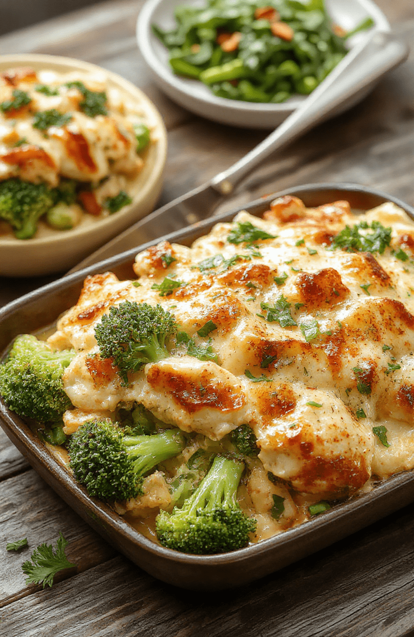 A vibrant serving of broccoli chicken casserole on a white plate, topped with melted cheese and fresh green broccoli florets, styled with a rustic wooden surface, captured in natural daylight with soft shadows, showcasing the creamy texture and colorful ingredients.