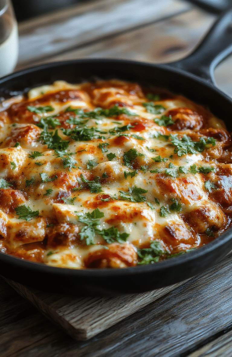 Colorful enchilada skillet in a black cast-iron pan topped with melted cheese, garnished with fresh cilantro and sliced jalapenos, showcasing a vibrant mix of red sauce, gooey cheese, and tender chicken with crispy edges and fresh herbs, styled simply on a rustic wooden table.