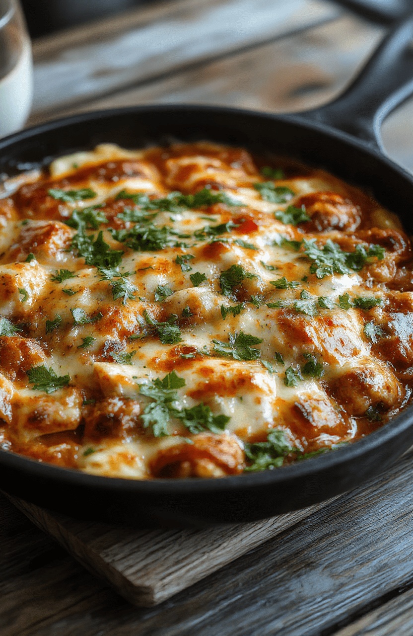 Colorful enchilada skillet in a black cast-iron pan topped with melted cheese, garnished with fresh cilantro and sliced jalapenos, showcasing a vibrant mix of red sauce, gooey cheese, and tender chicken with crispy edges and fresh herbs, styled simply on a rustic wooden table.