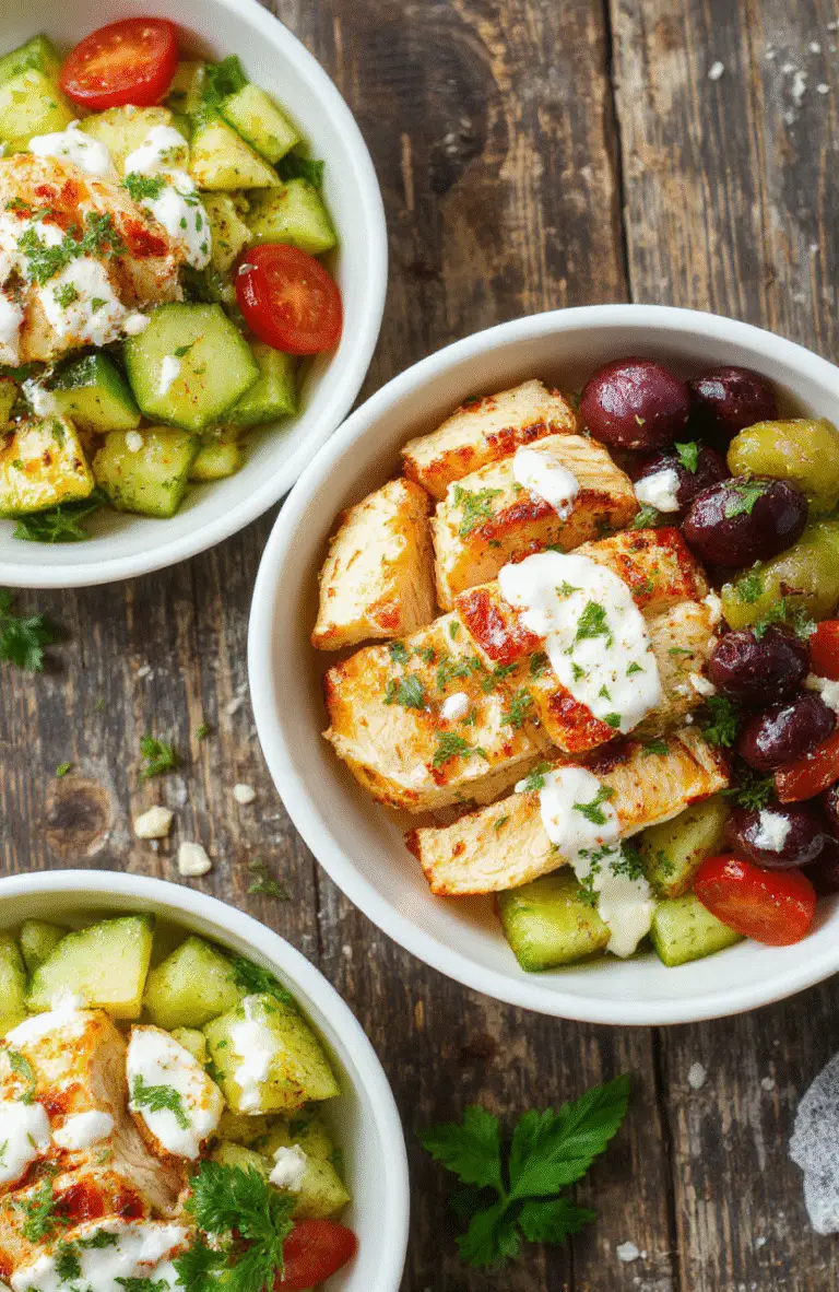 Colorful Greek chicken bowls arranged on a rustic wooden table, featuring grilled chicken, chopped cucumbers, cherry tomatoes, red onions, Kalamata olives, and feta cheese, all topped with fresh herbs and drizzled with tzatziki sauce. The vibrant ingredients contrast beautifully against the white bowls, with a natural light highlighting the textures and fresh appeal.