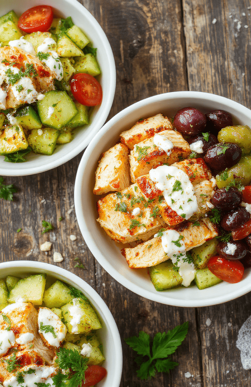 Colorful Greek chicken bowls arranged on a rustic wooden table, featuring grilled chicken, chopped cucumbers, cherry tomatoes, red onions, Kalamata olives, and feta cheese, all topped with fresh herbs and drizzled with tzatziki sauce. The vibrant ingredients contrast beautifully against the white bowls, with a natural light highlighting the textures and fresh appeal.