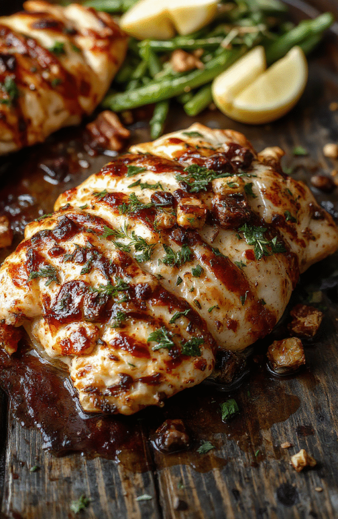 Colorful Greek-inspired sheet pan chicken dinner with tender chicken pieces, bright sliced bell peppers, red onions, and crispy roasted potatoes, all garnished with fresh herbs on a rustic wooden board.