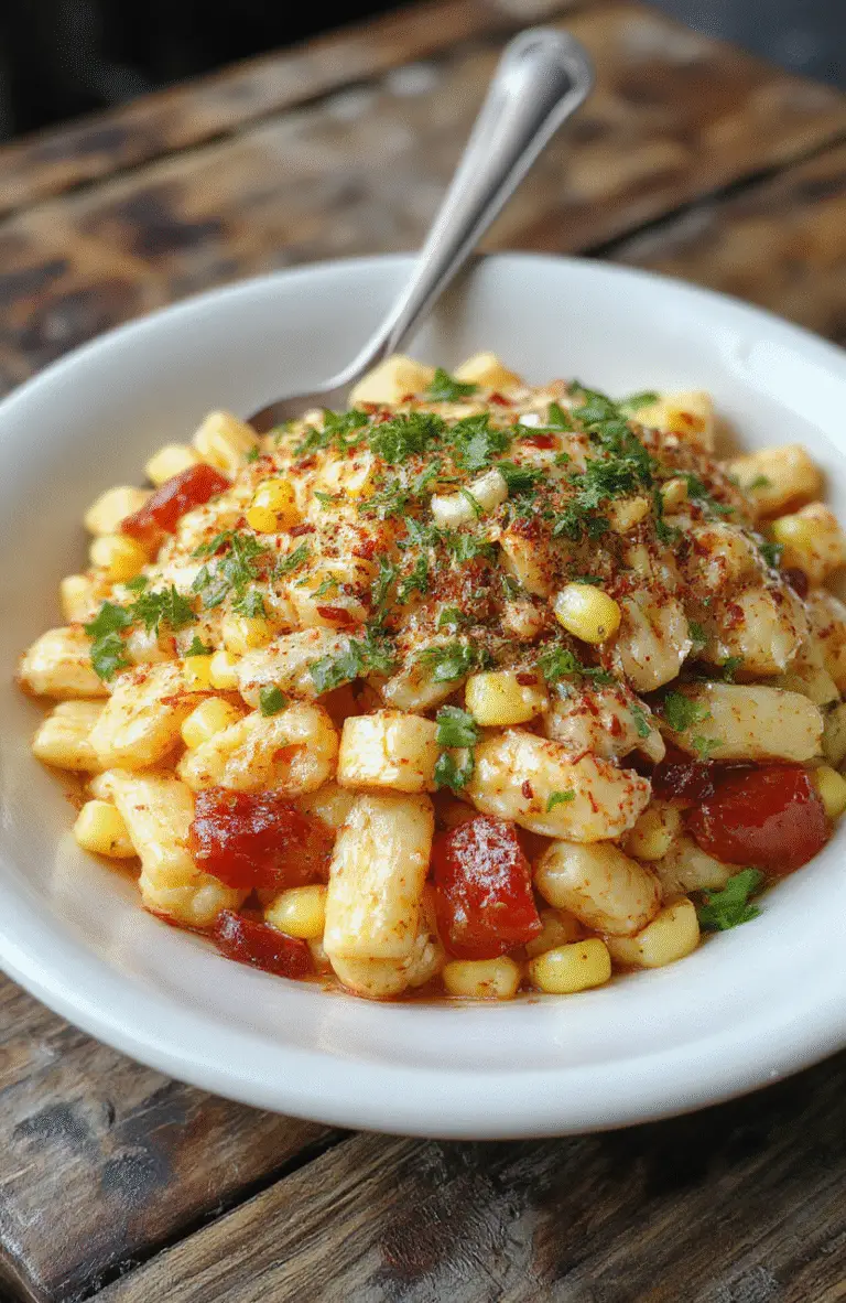 A vibrant bowl of street corn pasta salad featuring colorful cherry tomatoes, creamy corn kernels, fresh herbs, and shredded cheese, all tossed with pasta, presented on a rustic wooden table with a sprinkle of cilantro for garnish, showcasing texture and freshness.