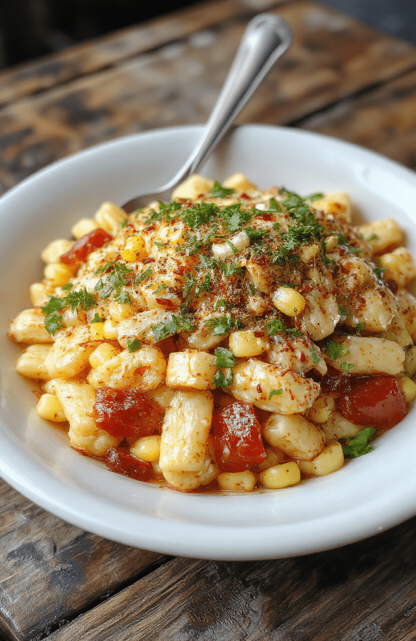A vibrant bowl of street corn pasta salad featuring colorful cherry tomatoes, creamy corn kernels, fresh herbs, and shredded cheese, all tossed with pasta, presented on a rustic wooden table with a sprinkle of cilantro for garnish, showcasing texture and freshness.