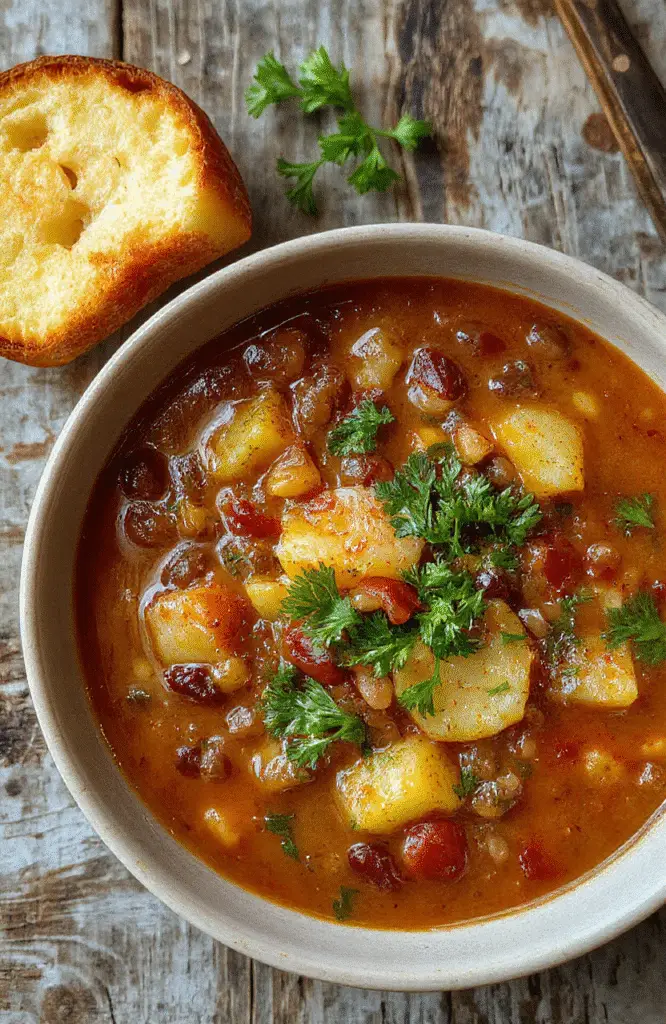 A steaming bowl of hearty lentil and potato soup with vibrant orange carrots, green herbs, and chunks of tender potatoes and lentils, garnished with fresh herbs and served in a rustic white bowl on a wooden table.