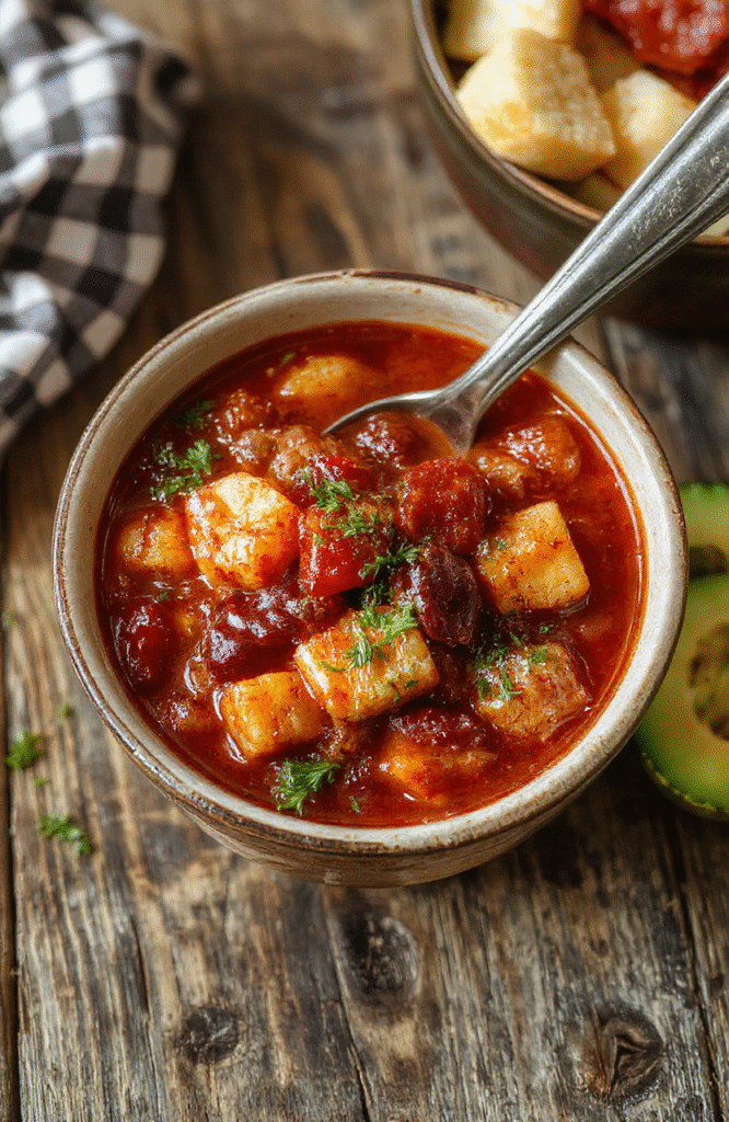 A vibrant bowl of hearty cowboy stew with chunks of beef, colorful vegetables, and a thick savory broth, garnished with fresh herbs and placed on a rustic wooden table.