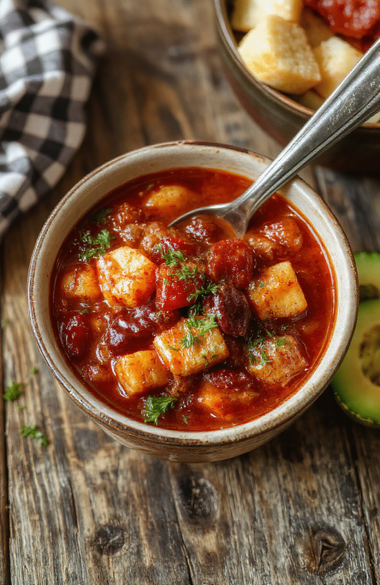 A vibrant bowl of hearty cowboy stew with chunks of beef, colorful vegetables, and a thick savory broth, garnished with fresh herbs and placed on a rustic wooden table.