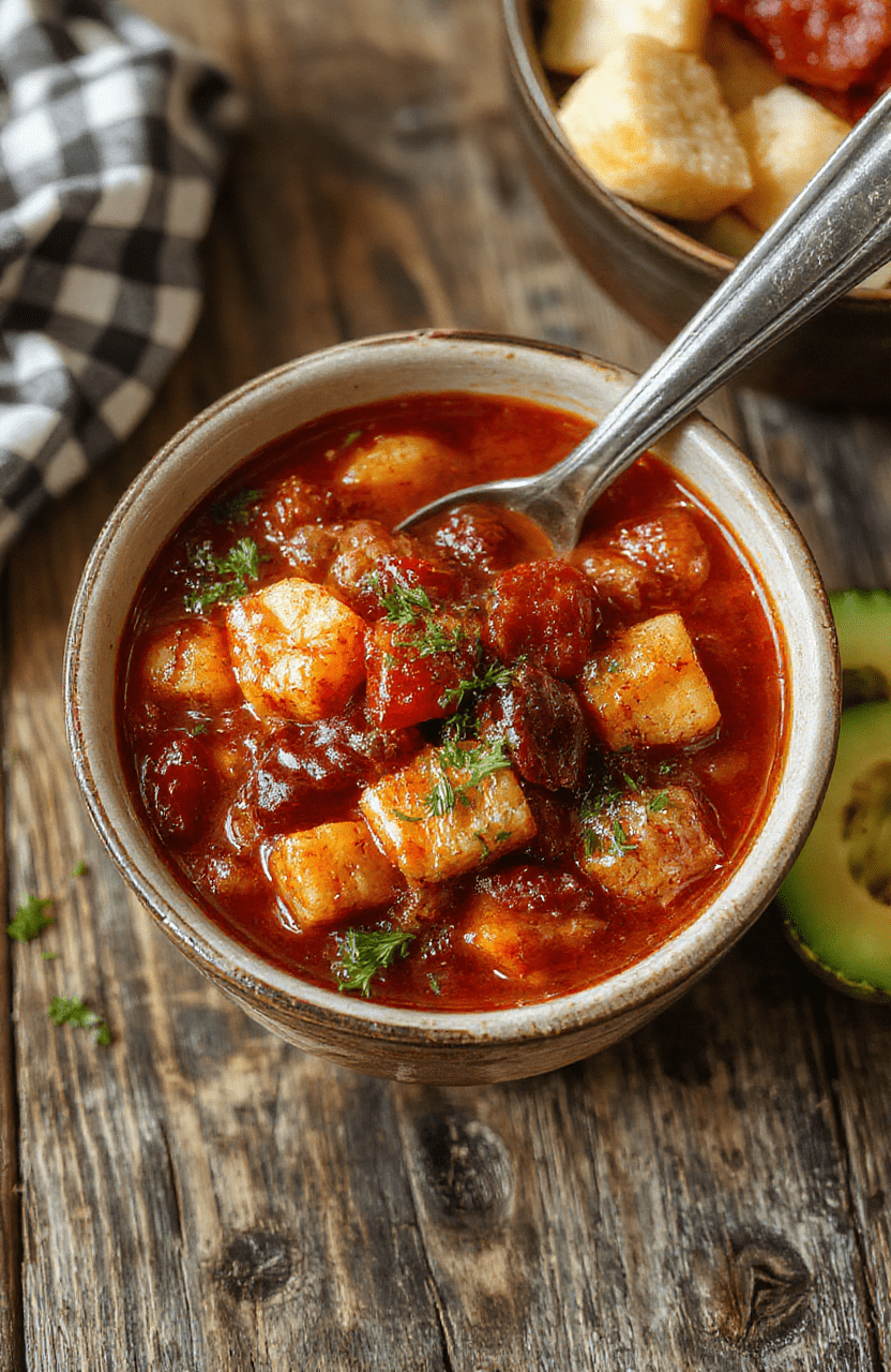 A vibrant bowl of hearty cowboy stew with chunks of beef, colorful vegetables, and a thick savory broth, garnished with fresh herbs and placed on a rustic wooden table.