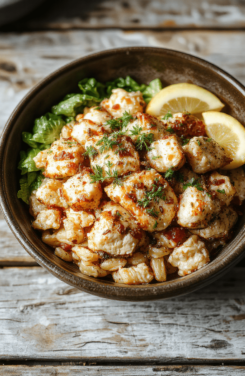 A vibrant plate featuring perfectly cooked chicken strips, tender orzo pasta, fresh herbs, and colorful vegetables, artfully arranged with a drizzle of olive oil on a white ceramic plate, styled with a rustic wooden background and natural daylight highlighting textures.