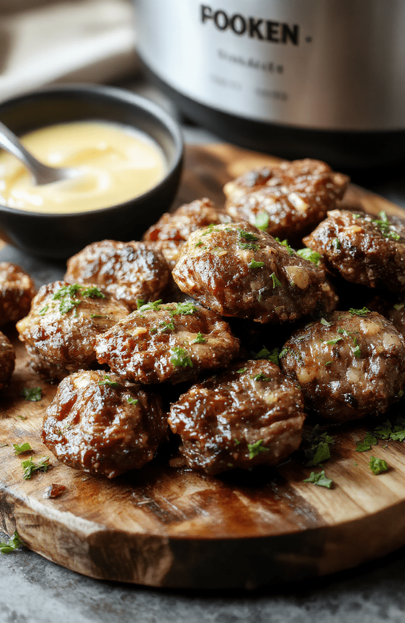 A close-up of tender beef bites glazed with garlic butter sauce, served on a rustic wooden platter garnished with fresh herbs, highlighting the juicy, caramelized edges and glossy sheen, styled with a few sprigs of garlic and herbs for a fresh look.