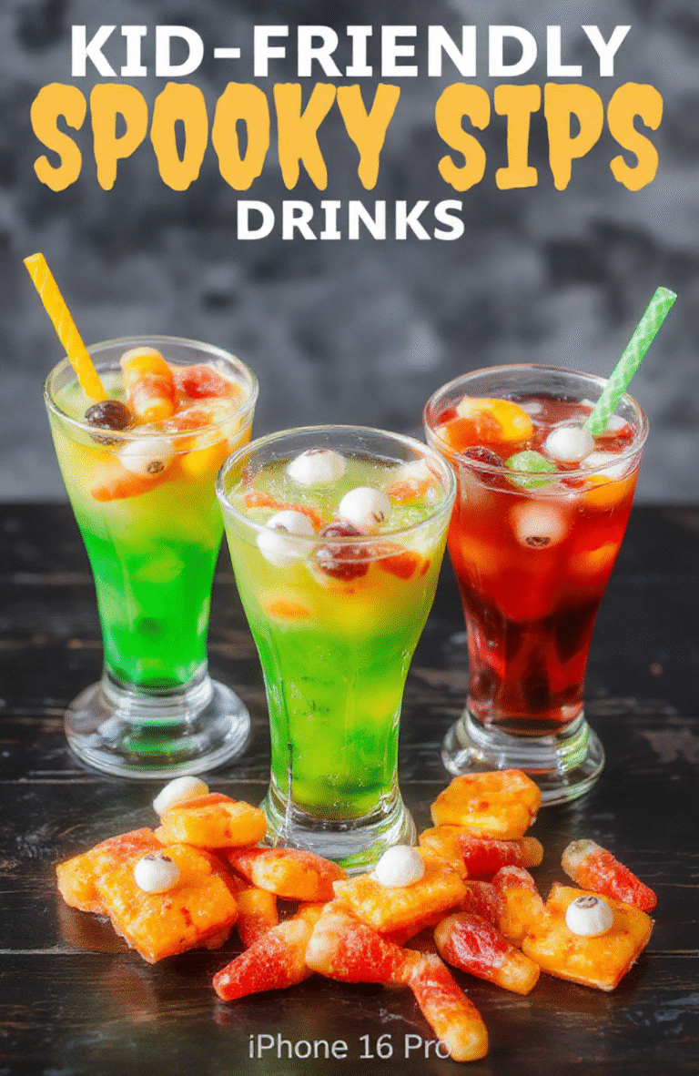 A vibrant Halloween-themed drink display featuring six colorful spooky sips in clear glasses with spooky garnishes like gummy worms, eyeball candies, and candy corn, set on a dark table with orange and black decorations, cozy lighting, and a background filled with Halloween props and playful, festive atmosphere.