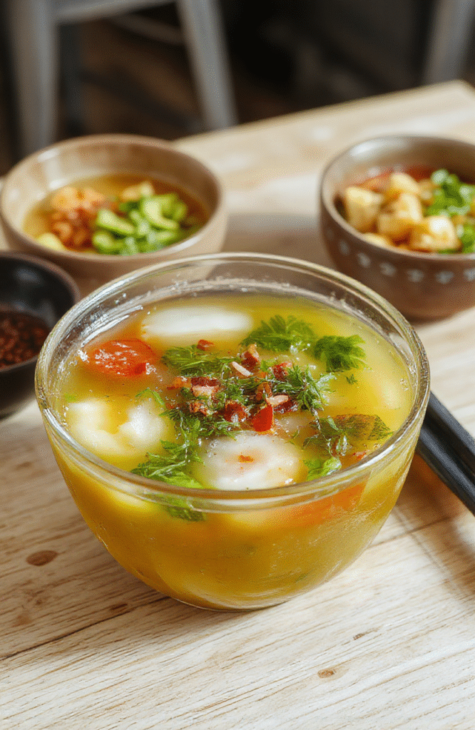 A clear bowl of Japanese soup with vibrant green scallions, thin slices of mushrooms, and delicate tofu cubes, garnished with a sprig of herbs, set against a soft wooden background with warm natural daylight highlighting the glossy, transparent broth and fresh ingredients.