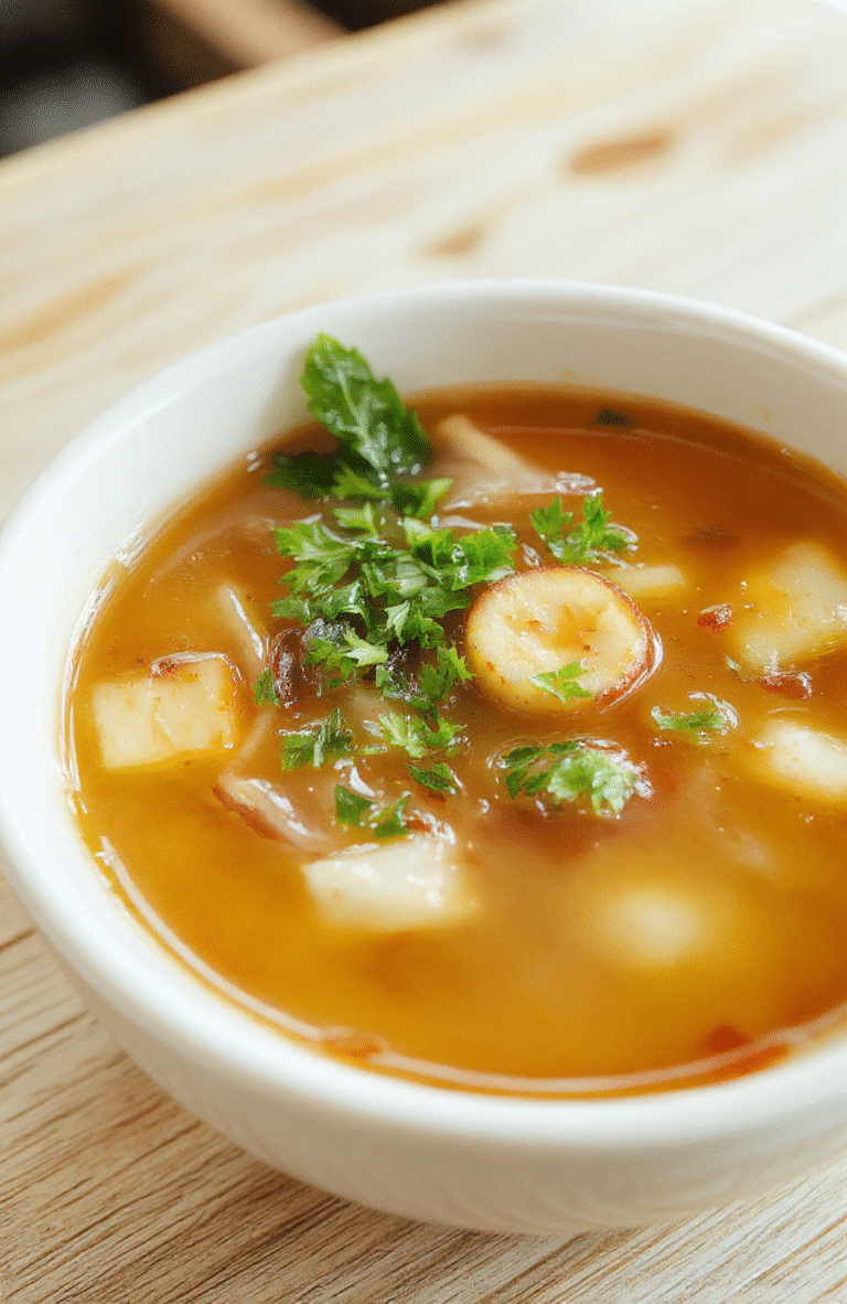 A clear bowl of Japanese soup with vibrant green scallions, thin slices of mushrooms, and delicate tofu cubes, garnished with a sprig of herbs, set against a soft wooden background with warm natural daylight highlighting the glossy, transparent broth and fresh ingredients.