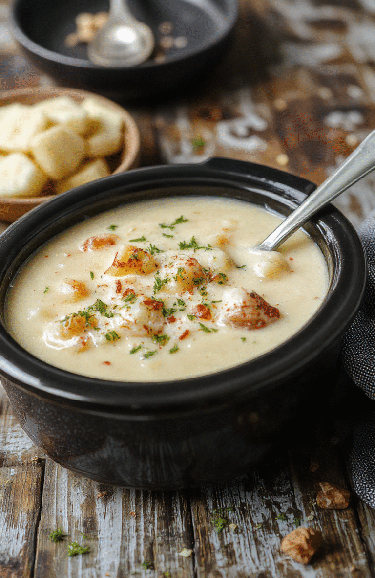 A comforting bowl of loaded crockpot potato soup topped with shredded cheese, chopped green onions, crispy bacon bits, and a dollop of sour cream, presented on a rustic wooden table with a warm, inviting ambiance.