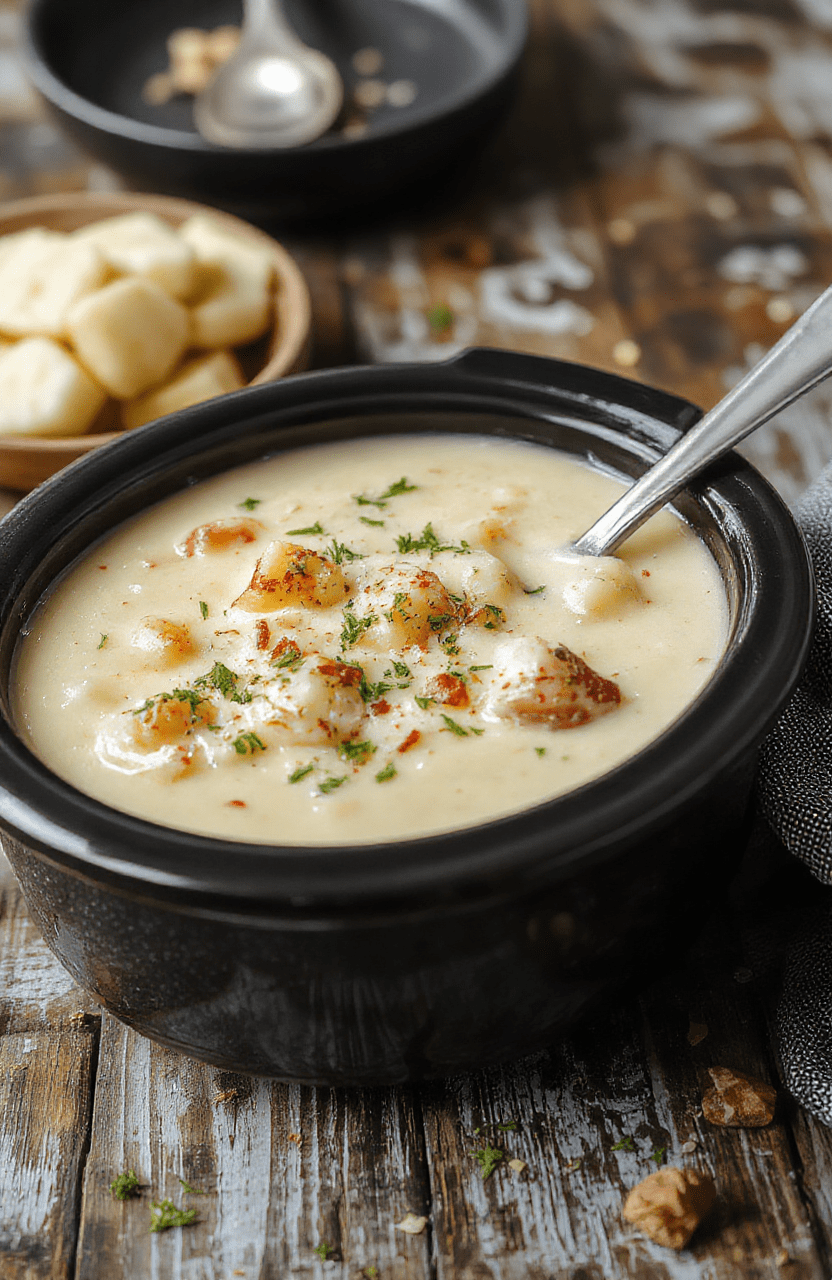 A comforting bowl of loaded crockpot potato soup topped with shredded cheese, chopped green onions, crispy bacon bits, and a dollop of sour cream, presented on a rustic wooden table with a warm, inviting ambiance.