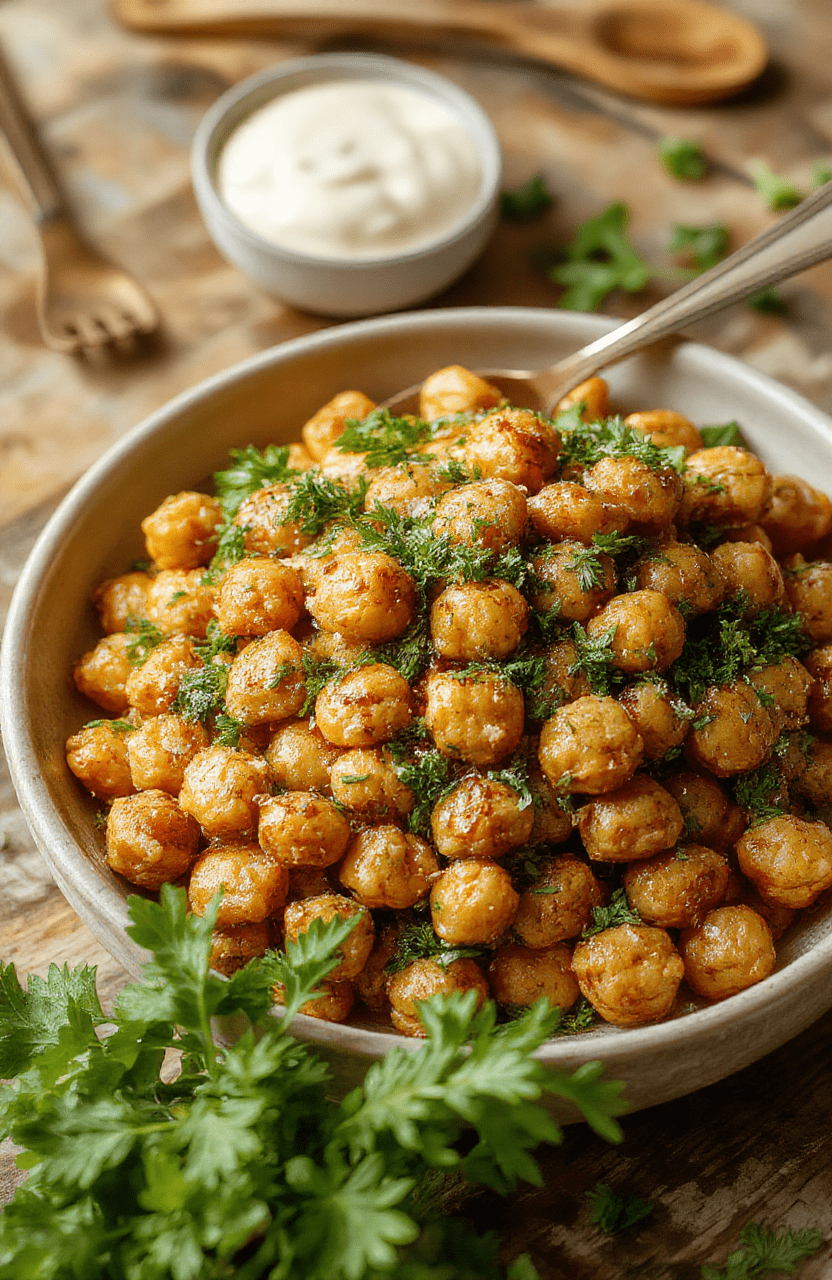 A vibrant bowl of Marry Me Chickpeas with a colorful garnish, served on a rustic wooden table. The chickpeas are coated in a rich, spicy sauce, with fresh herbs sprinkled on top, showcasing a glossy, tempting texture and lively colors in a cozy setting.