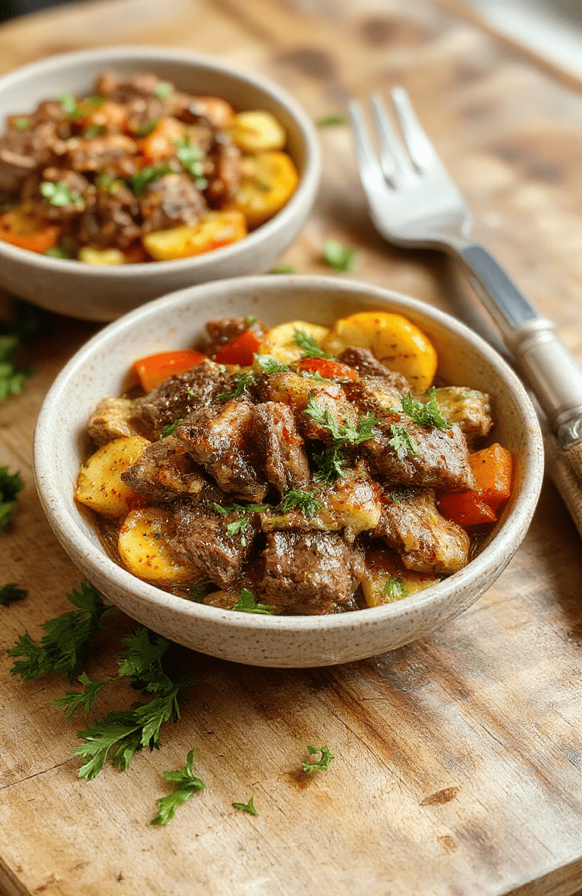 Colorful Mediterranean steak bowls featuring slices of juicy grilled steak on a vibrant bed of chopped tomatoes, cucumbers, red onions, and olives, topped with crumbled feta and fresh herbs, styled on a rustic wooden table with a drizzle of olive oil and lemon wedges, inviting and appetizing.