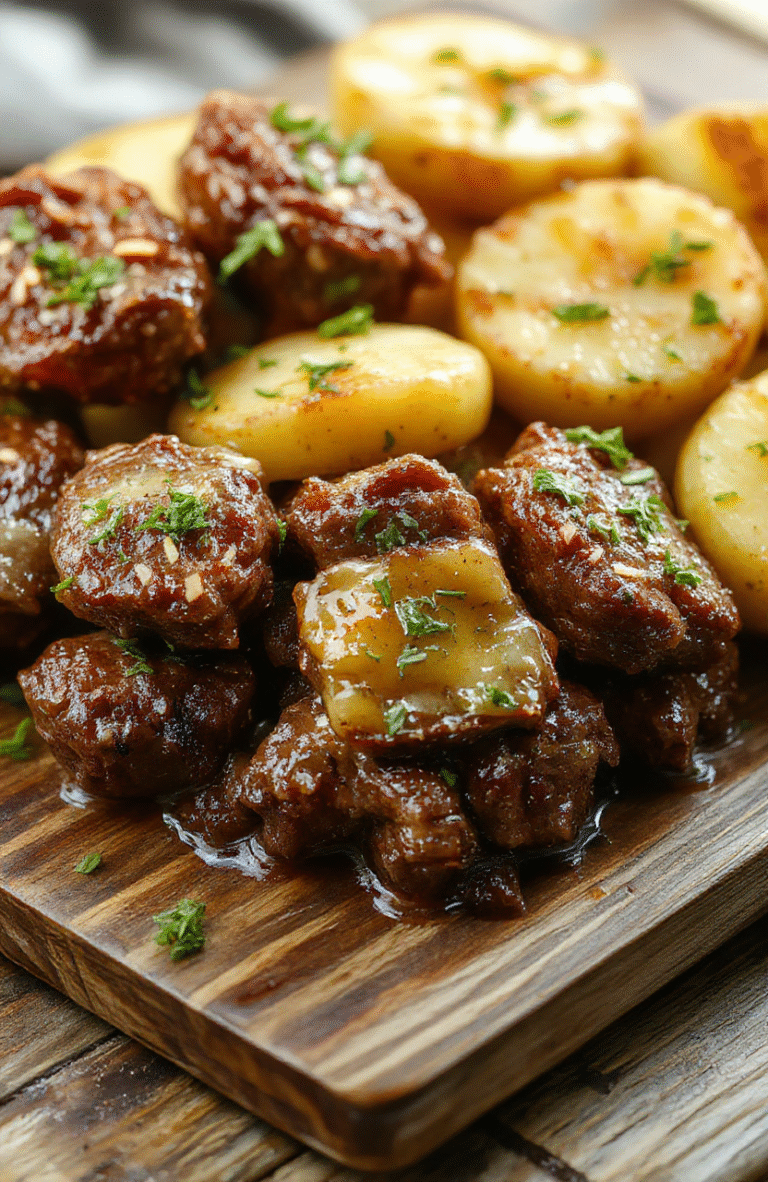 colorful plate featuring tender garlic butter beef bites and roasted potatoes, garnished with fresh herbs, served on a rustic wooden surface, textures of glossy beef and crispy potatoes highlighted