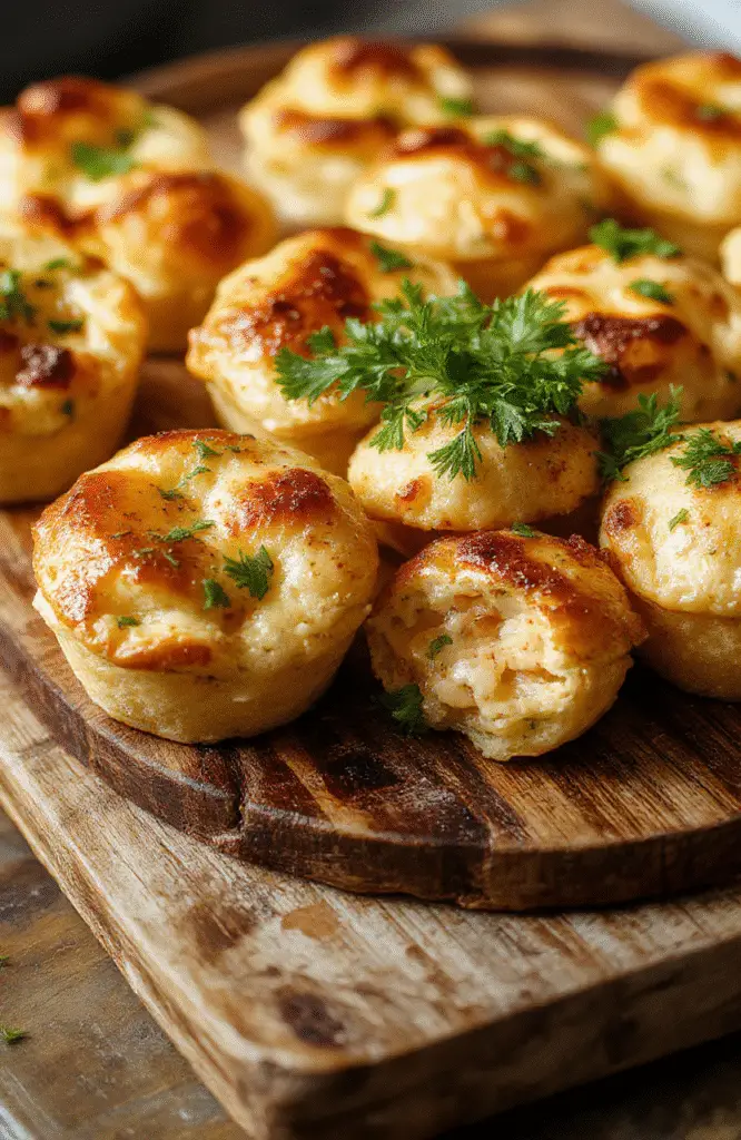 A close-up of golden-brown mini chicken pot pies arranged on a rustic wooden platter, filled with creamy chicken and vegetable filling, topped with flaky pastry crumbles, styled casually with a few sprigs of fresh herbs.