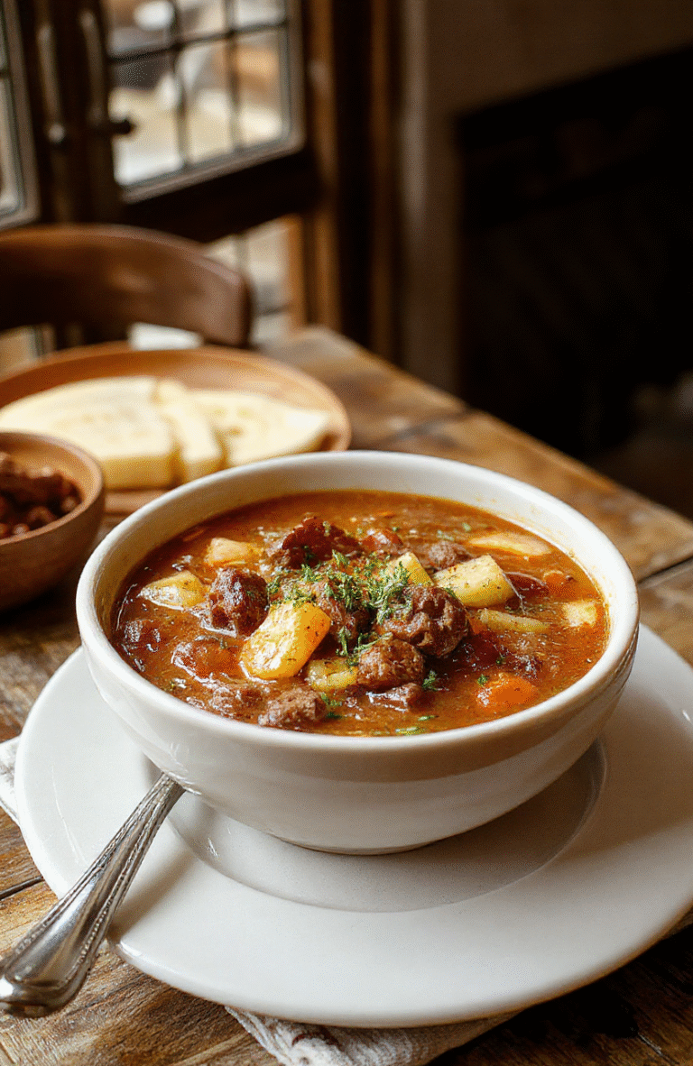 A colorful bowl of hearty vegetable beef soup featuring tender chunks of beef, bright carrots, green beans, corn, potatoes, and leafy greens, garnished with fresh herbs, served in a rustic bowl on a wooden table with a warm, inviting ambiance.