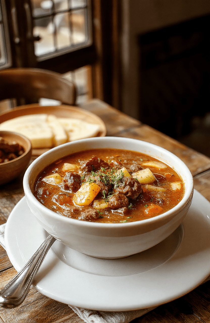 A colorful bowl of hearty vegetable beef soup featuring tender chunks of beef, bright carrots, green beans, corn, potatoes, and leafy greens, garnished with fresh herbs, served in a rustic bowl on a wooden table with a warm, inviting ambiance.