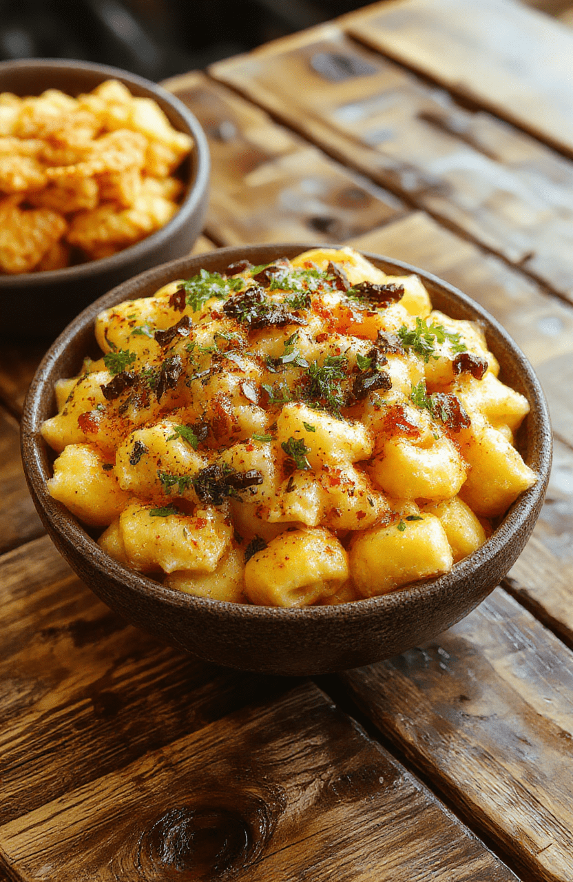 A vibrant plate of Monster Mac and Cheese with glowing orange and green food coloring, shaped into spooky monster faces with gooey melted cheese, served on a rustic wooden table with a dark background and playful Halloween-themed toppings