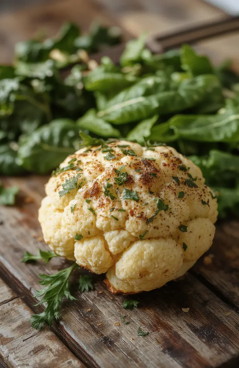 Colorful Moroccan cauliflower served on a rustic plate, drizzled with creamy tahini honey sauce, garnished with fresh herbs, vibrant yellow and orange spices around, styled casually on a wooden surface.
