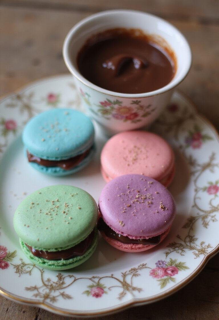 Delicious Polyjuice Macarons of the Mist displayed on a plate beside a cup of Chocolate Frog Ganache. Visually appealing dessert ready to serve.