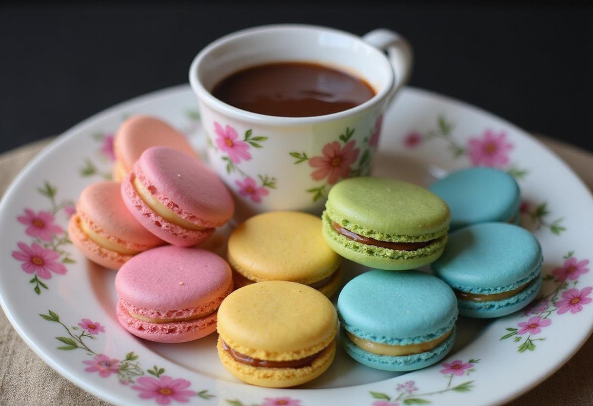 Delicious Polyjuice Macarons of the Mist displayed on a plate beside a cup of Chocolate Frog Ganache. Visually appealing dessert ready to serve.