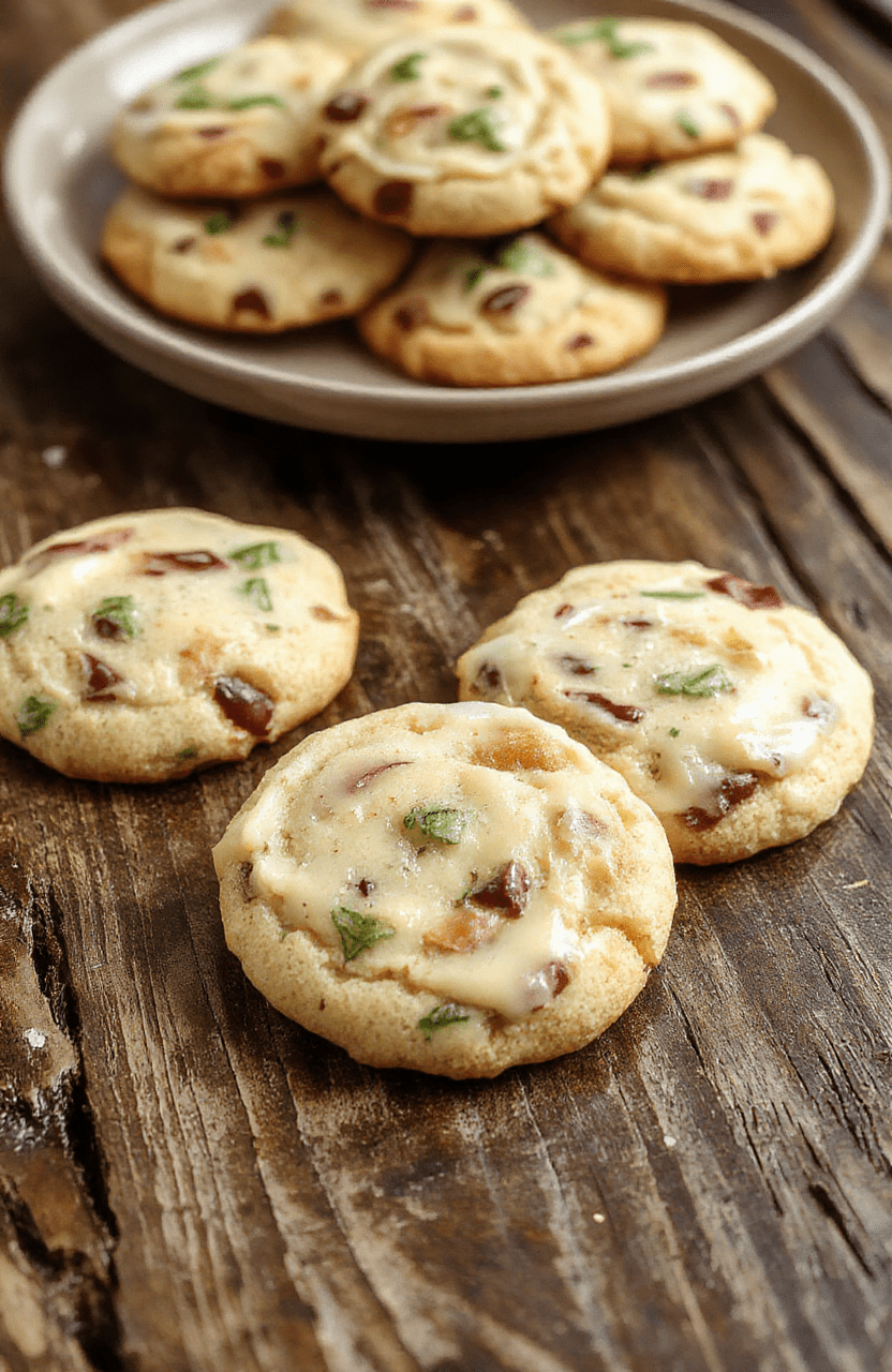Colorful Polyjuice Potion Cookies arranged on a rustic wooden tray, drizzled with glossy liquid luck caramel and embedded with pretzel wand bits, featuring vibrant green and purple icing accents, textured surfaces contrasting with smooth caramel, styled minimally with a hint of magical sparkle