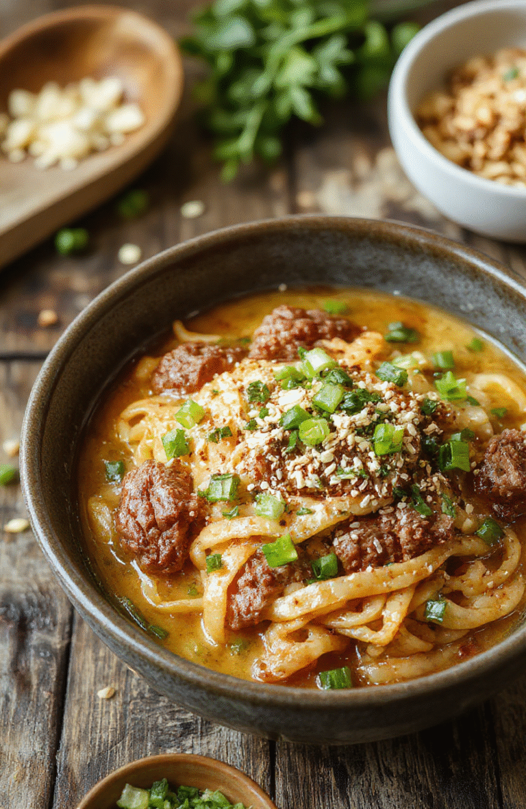 A vibrant bowl of Mongolian ground beef noodles featuring tender ground beef, glossy soy sauce glaze, and colorful chopped scallions on top, served over soft, steaming noodles on a rustic wooden surface styled casually with a few ingredients scattered around.