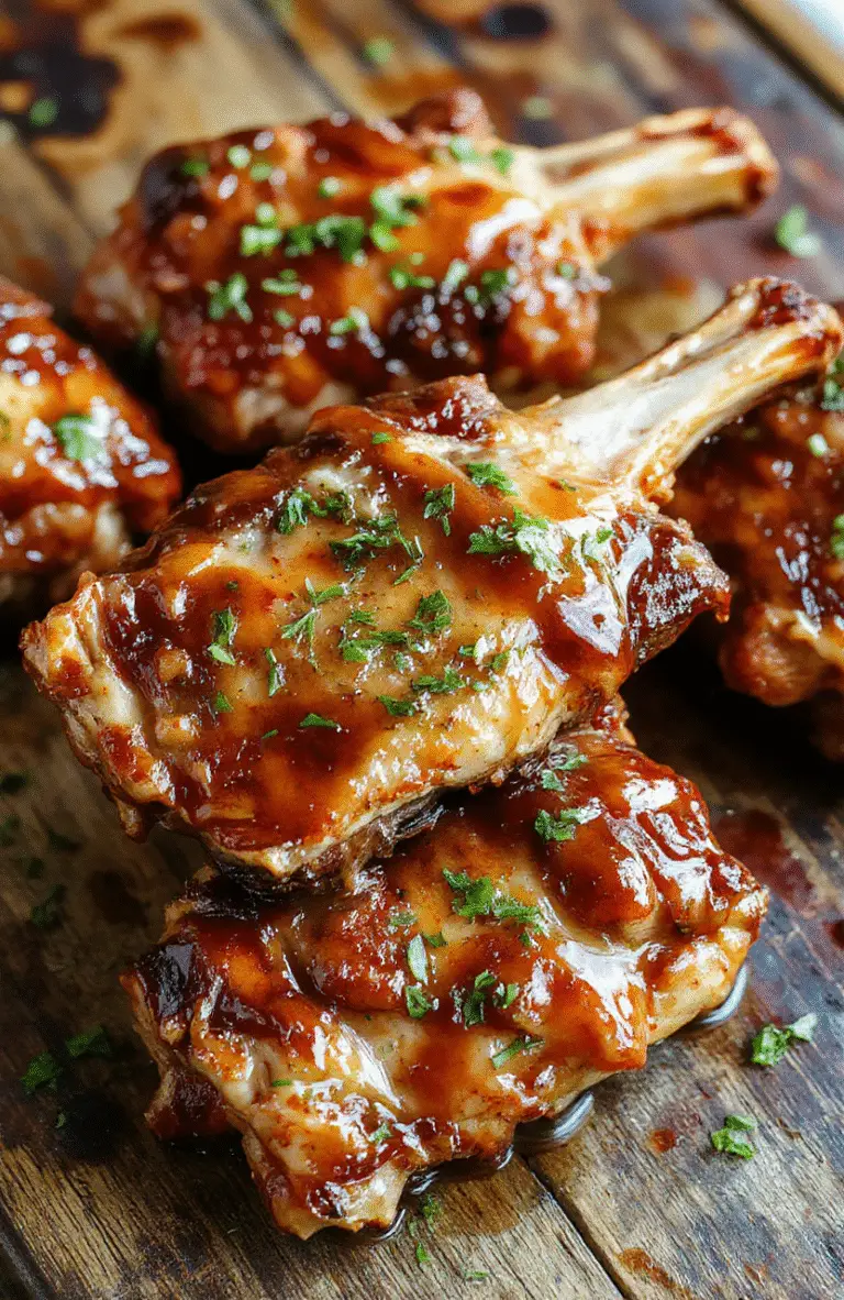 Colorful plated sticky honey garlic boneless pork chops featuring golden-brown pork with a glistening honey glaze, garnished with chopped garlic and fresh herbs, served on a rustic plate with sauce drizzled around, accompanied by vibrant vegetables, styled to highlight the juicy texture and enticing shine.