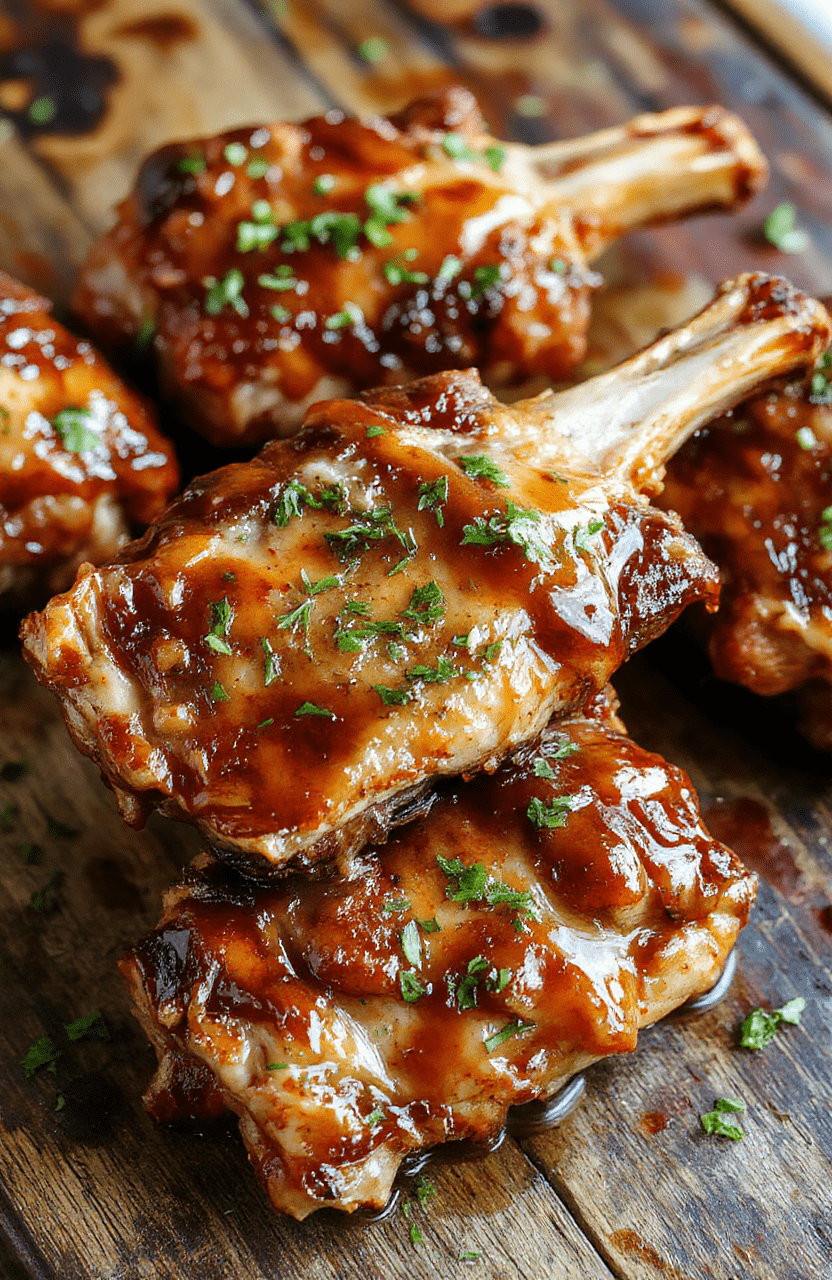 Colorful plated sticky honey garlic boneless pork chops featuring golden-brown pork with a glistening honey glaze, garnished with chopped garlic and fresh herbs, served on a rustic plate with sauce drizzled around, accompanied by vibrant vegetables, styled to highlight the juicy texture and enticing shine.