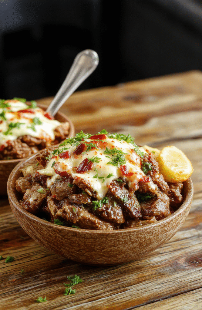 A vibrant bowl featuring thinly sliced beef, melted cheese, sautéed peppers and onions atop fresh greens. The bowl is garnished with herbs and served on a rustic wooden surface, highlighting the colorful ingredients and creamy textures.