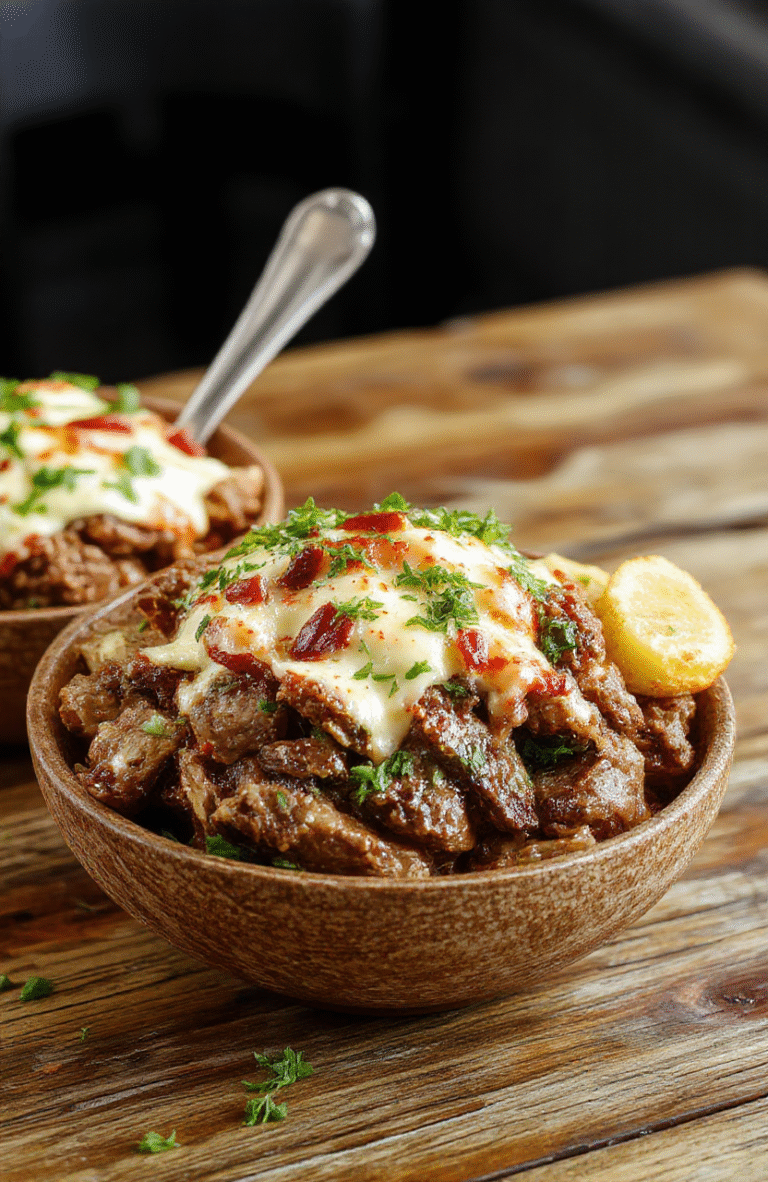 A vibrant bowl featuring thinly sliced beef, melted cheese, sautéed peppers and onions atop fresh greens. The bowl is garnished with herbs and served on a rustic wooden surface, highlighting the colorful ingredients and creamy textures.
