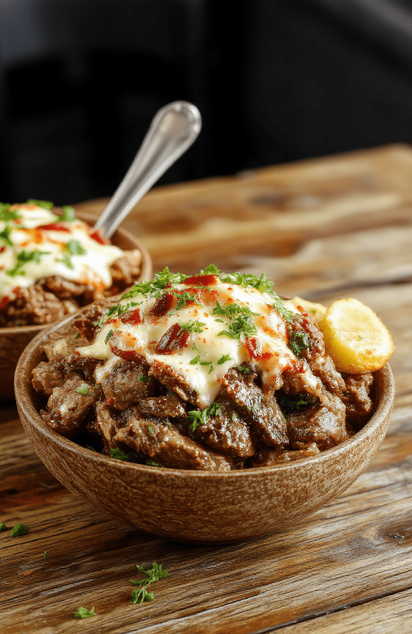 A vibrant bowl featuring thinly sliced beef, melted cheese, sautéed peppers and onions atop fresh greens. The bowl is garnished with herbs and served on a rustic wooden surface, highlighting the colorful ingredients and creamy textures.