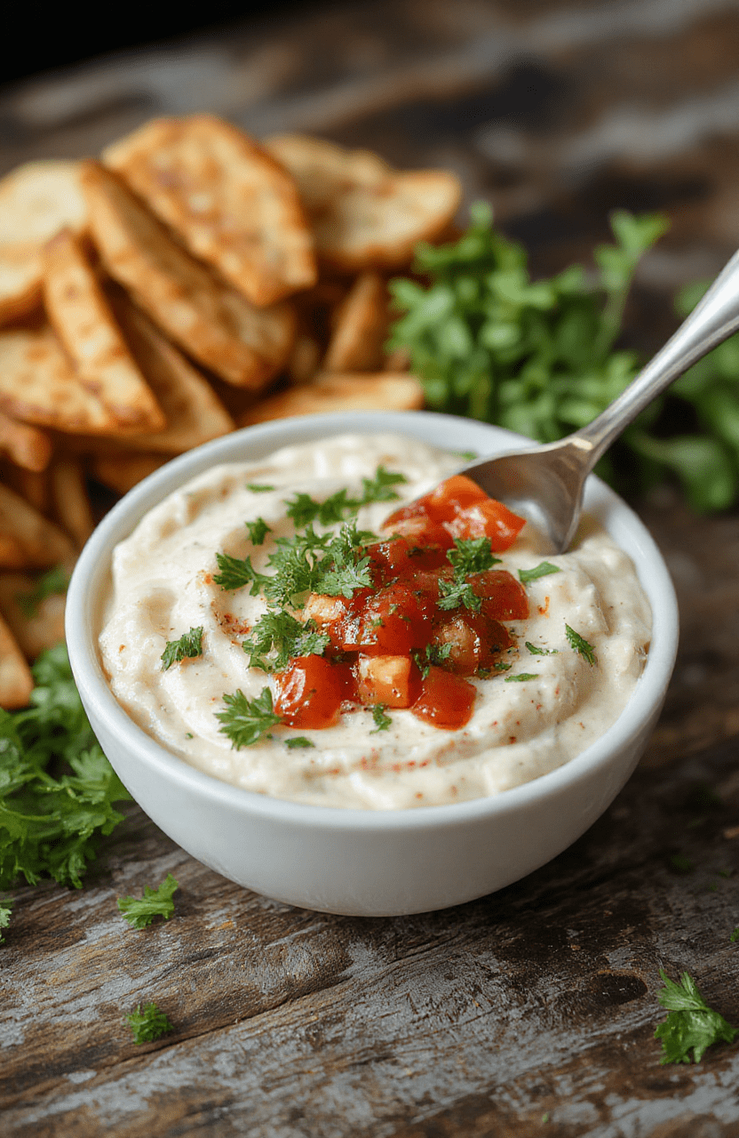 A vibrant bowl of bruschetta dip garnished with fresh basil and diced tomatoes, served alongside crispy toasted baguette slices on a rustic wooden table, with a colorful background and natural lighting highlighting the textures and bright colors of the fresh ingredients.