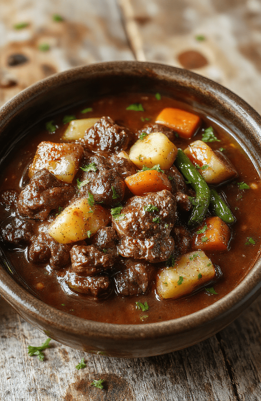 A hearty bowl of beef stew with tender beef chunks, carrots, potatoes, and green beans in a rich, glossy broth, garnished with fresh herbs, served on a rustic wooden table with warm lighting.