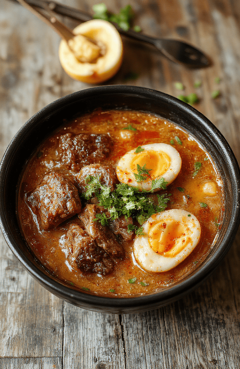 A steaming bowl of beef ramen on a rustic wooden table, topped with sliced beef, soft-boiled eggs, green onions, and nori, with chopsticks. The rich broth appears glossy and flavorful, with colorful toppings contrasting against the neutral bowl and ambient warm lighting.