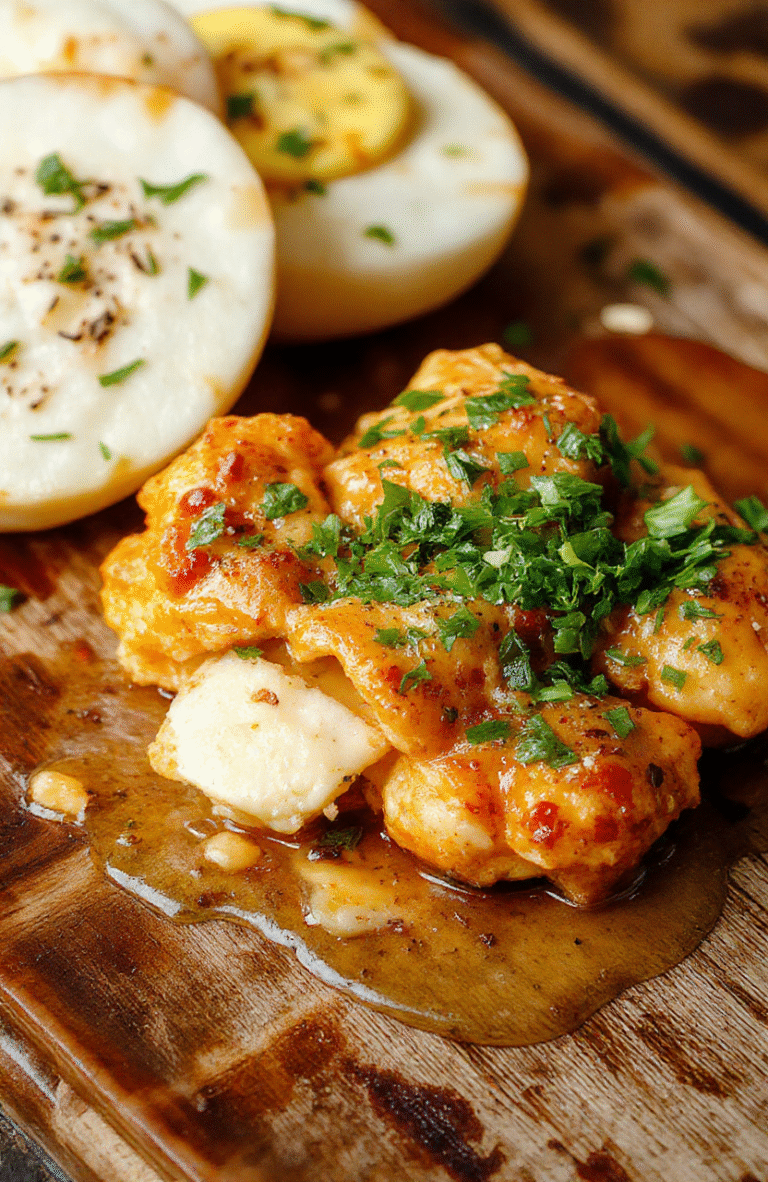 A vibrant bowl of creamy butter chicken garnished with fresh cilantro, served with fluffy rice and naan bread. The dish has a glossy orange sauce with tender chicken pieces, beautifully plated on a rustic wooden surface with colorful spices in the background.