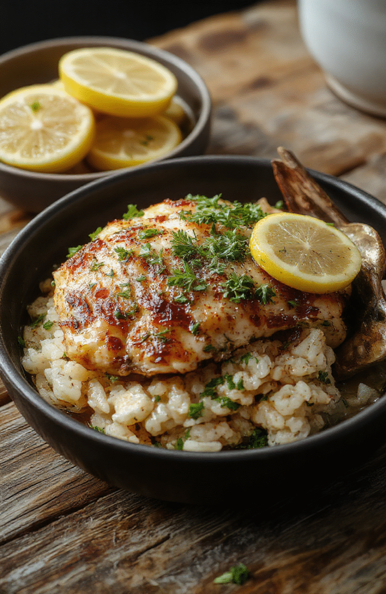 A colorful plate featuring tender shredded chicken in a lemon herb sauce, fluffy rice, and fresh herbs on top, served on a rustic wooden table with lemon slices and sprigs of herbs, vibrant and appetizing with a rustic presentation.