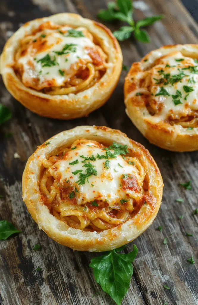 Colorful spaghetti stuffed inside golden crispy garlic bread bowls, topped with melted cheese and fresh herbs, arranged on a rustic wooden surface with a sprig of basil.