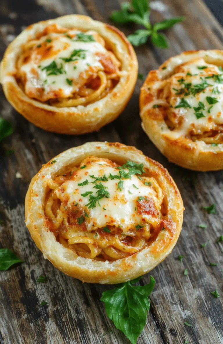 Colorful spaghetti stuffed inside golden crispy garlic bread bowls, topped with melted cheese and fresh herbs, arranged on a rustic wooden surface with a sprig of basil.