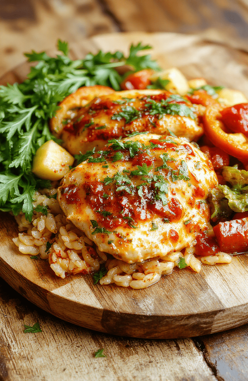 A vibrant plate of Cajun chicken orzo featuring tender chicken pieces coated in bold spices, resting on a bed of perfectly cooked orzo, garnished with fresh herbs, colorful bell peppers, and a sprinkle of herbs, styled on a rustic wooden table with bright natural lighting.