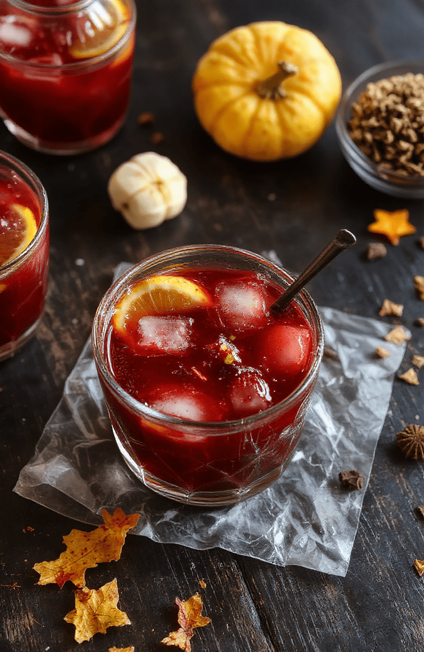 A vibrant, spooky Halloween punch in a clear glass pitcher with glowing orange and purple hues, garnished with floating candy eyes, spooky dry ice fog, and Halloween themed decorations surrounding it, styled on a dark wooden table with festive props