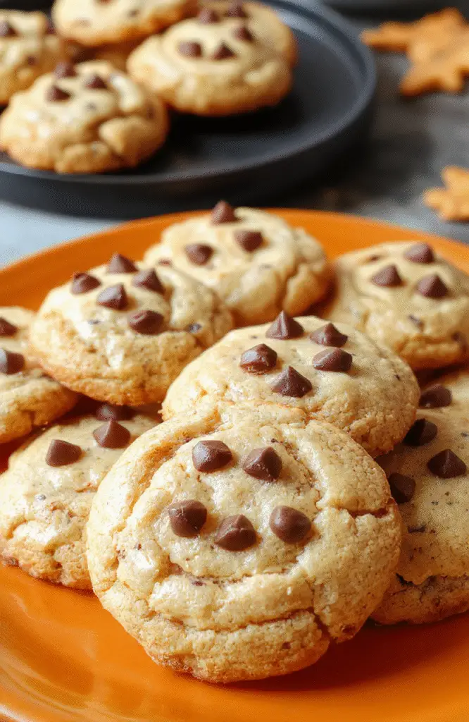 Colorful spider-shaped peanut butter cookies with chocolate eyes arranged on a vibrant orange plate, playful Halloween-themed sprinkles, soft and chewy texture, styled with a dark background for contrast.